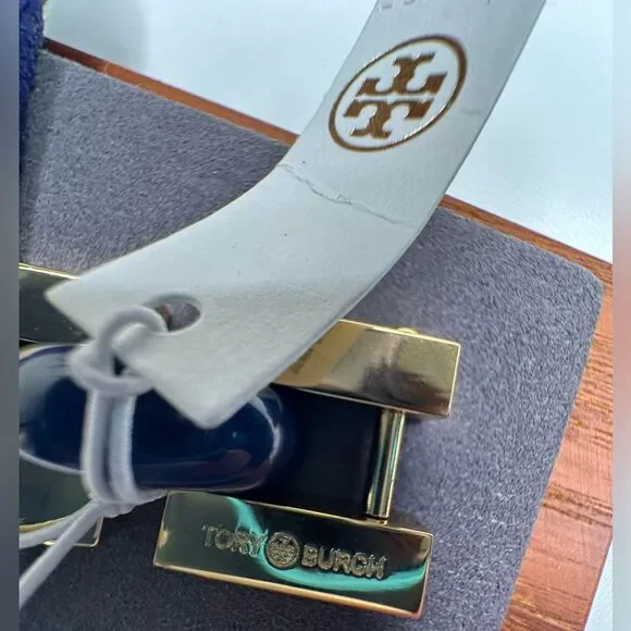 Tory Burch Logo Link Chunky Bangle Bracelet Blue Gold Enamel Chain NWT MSRP $299 - Picture 6 of 10